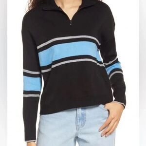 BP. Womens Black Blue Mock Neck Quarter Zip Stripe Sweater Size L Preppy NWT